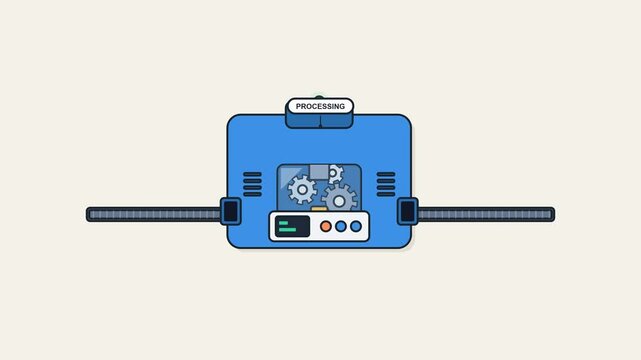 Vector illustration of a blue mechanical processing machine with gears and control panel