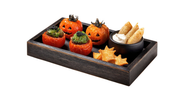 Halloween carved tomatoes with caviar and snacks