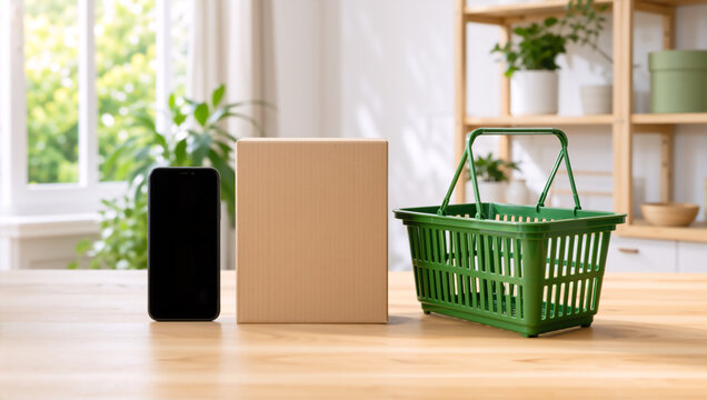 Online shopping and home delivery concept. Smartphone with blank screen next to cardboard box and green shopping basket on wooden table. E-commerce mockup