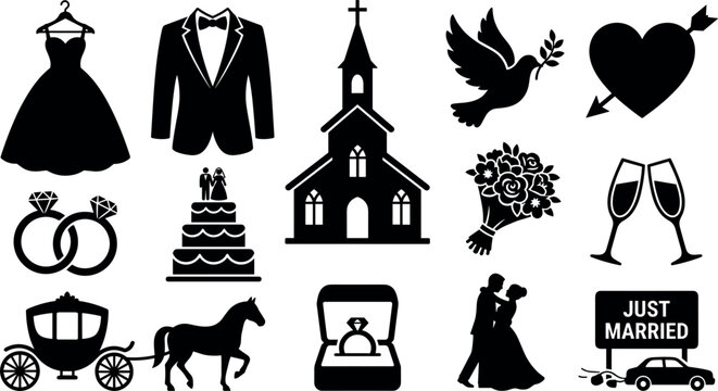 Set of wedding icons including bride dress, groom suit, church, rings, cake, bouquet, champagne glasses, carriage, and just married car
