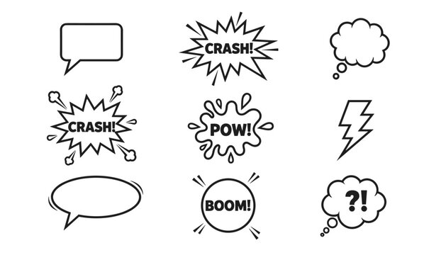 Collection of hand drawn comic book speech bubbles and sound effect clouds featuring text like crash pow and boom on white background.