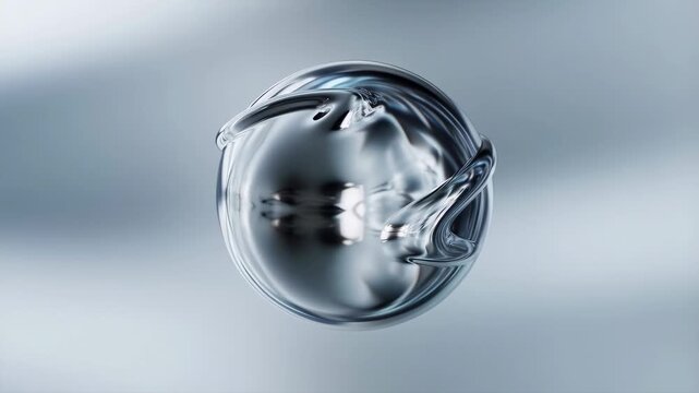 Reflective liquid sphere slowly rotates and morphs in a soft silver-blue abstract environment. Technology branding, innovation presentations, and science media.
