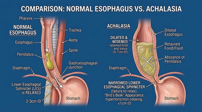 Anatomical Comparison of Normal Esophagus and Achalasia Medical Illustration