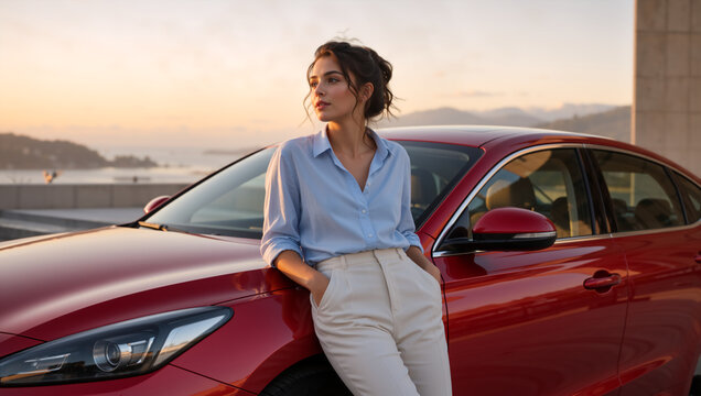Young woman leaning on a red sedan car at sunset. Female driver enjoying a road trip by the coast during golden hour. Car ownership and travel concept