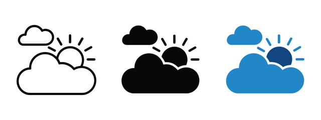 Obraz premium Partly Cloudy Weather Icons, sun behind cloud symbols with light rays illustrating daytime conditions, summer weather forecasts, sunshine, and cloudy skies