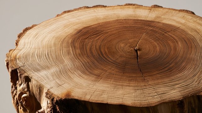 Close-up cross section of a felled tree trunk showing concentric growth rings and natural wood texture