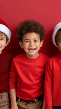 A cheerful group of five children, wearing Christmas hats and cozy sweaters, stands together against a red backdrop, radiating holiday joy and togetherness. They are all smiles.