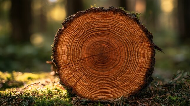 Close-up cross-section of a felled tree showing concentric growth rings and warm wood grain