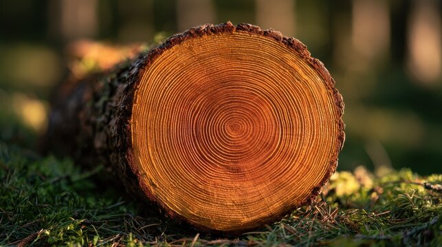 Close-up cross-section of a felled tree showing concentric growth rings and warm wood grain