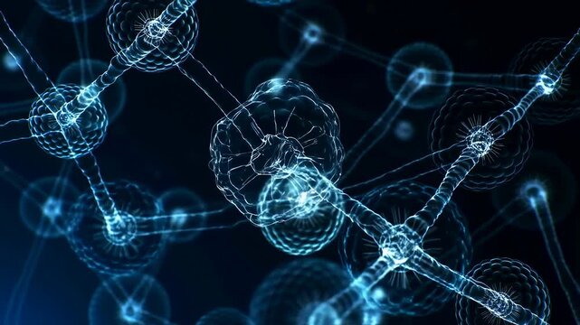 Glowing molecular neural network pathways drift through a dark digital space. Biotechnology presentations, medical research media, and healthcare technology campaigns.