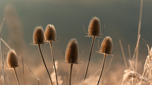 Teasel seed heads in golden light on dry grass