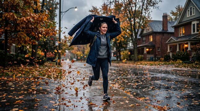 Young woman running in the rain with an umbrella on a rainy street  