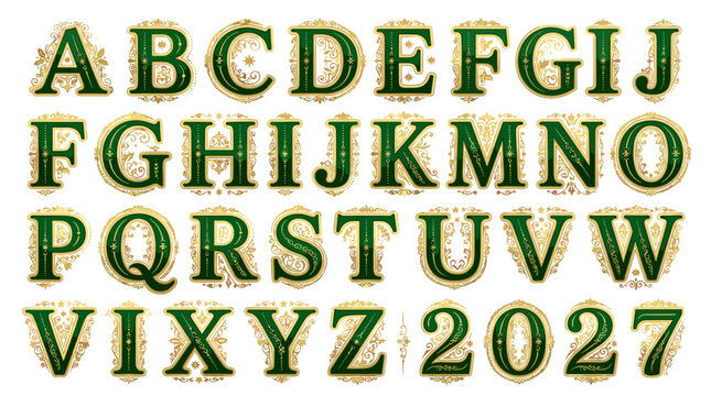 Decorative vintage alphabet letters and numbers in green and gold  
