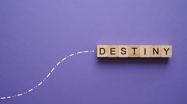 Wooden blocks spelling the word destiny arranged on a vibrant purple background, with a white, dashed line leading, towards the letters, representing a path, or journey towards, a future goal, or life