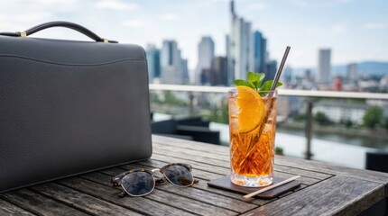 Obraz premium Briefcase and Cocktail with City Skyline: A sophisticated arrangement featuring a leather briefcase, sunglasses, and a refreshing cocktail on a table overlooking a vibrant city skyline.