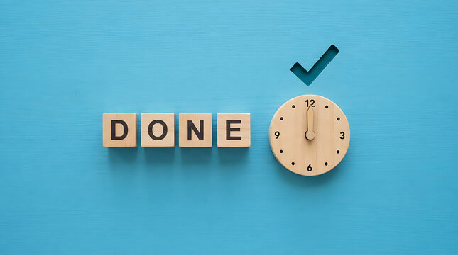 Wooden blocks spelling the word done next to a wooden clock face showing the time at twelve o'clock with a green checkmark icon above, set on a light blue background, representing task completion