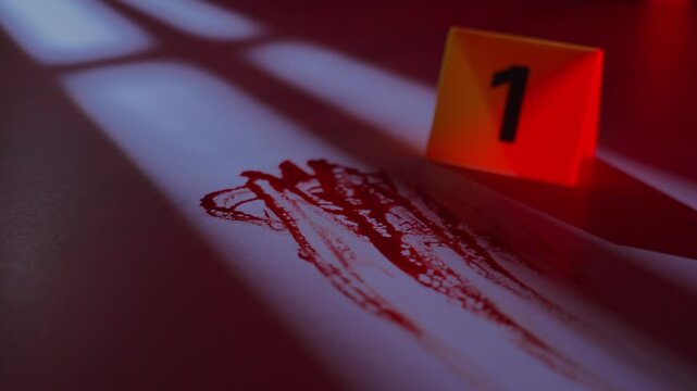 Bloody smear trail beside yellow evidence marker on floor with flashing red and blue police lights for crime scene investigation concept, close up shot⁠