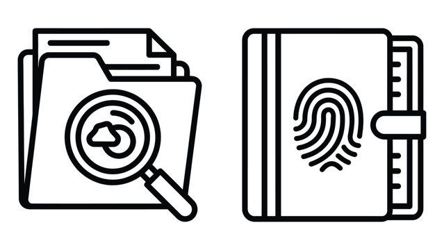 Investigative folder with magnifying glass and fingerprint notebook vector icon set