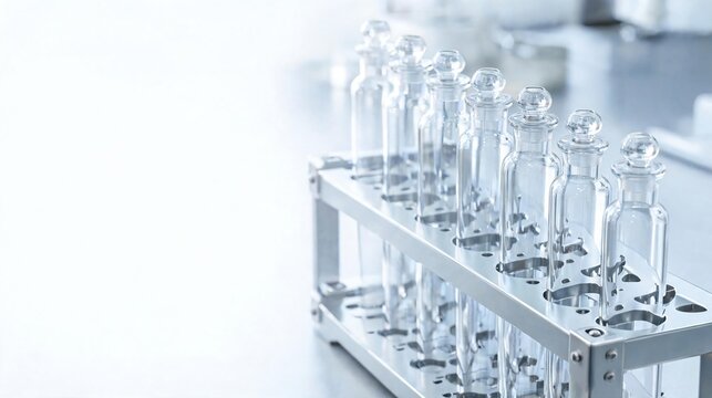 Laboratory glass bottles in organized rack, pharmaceutical research