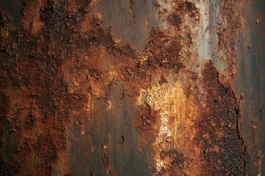 Close-up of aged metal surface with rust and peeling paint for vintage grunge texture
