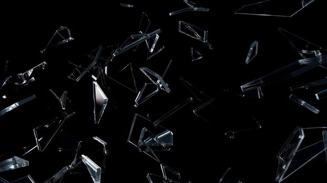 Floating glass shards drift and rotate through a dark abstract space. Technology presentation, luxury product promotion, and cinematic intro.