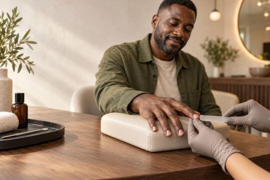 Black Man Receiving a Professional Manicure at Modern Nail Salon