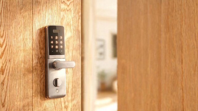 Modern digital keypad lock on wooden door with numeric entry