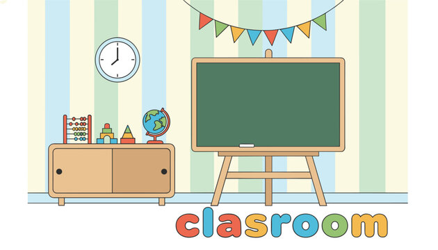 Empty school classroom interior with a green blackboard, cabinet with toys, globe, and colorful garland banner.