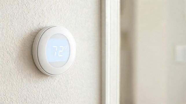 Digital thermostat displaying 72 degrees on beige wall