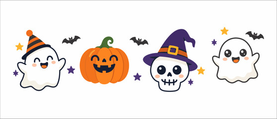 Obraz premium Cute Halloween Ghost Pumpkin and Skeleton Witch Hat Cartoon Vector Set