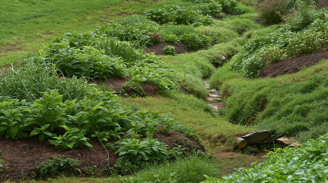 Terraced garden with rows of leafy green plants growing on sloped earth