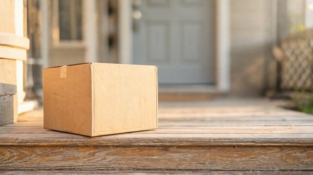 Cardboard delivery box on wooden porch outside residential home