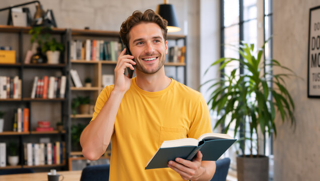 Cheerful young man talking on a smartphone while holding an open book. Happy student or creative professional in a modern home library