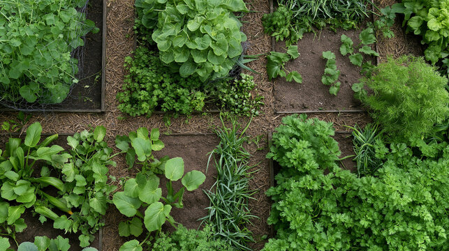 Top down view of raised garden beds with fresh herbs and leafy vegetables