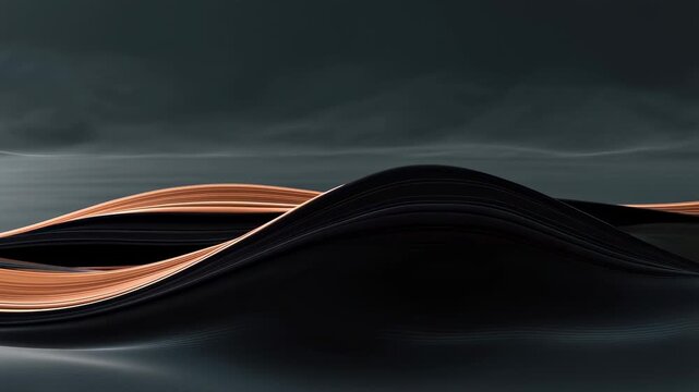 Abstract black and copper waves undulate through a dark digital space. Technology branding, luxury advertising, and corporate title sequence.