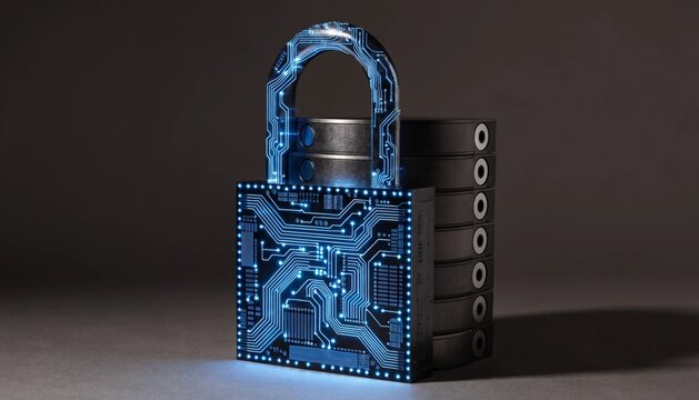 Conceptual shot of a physical padlock made of glowing blue circuitry securing a stack of digital hard drives, sharp focus, dramatic studio lighting.