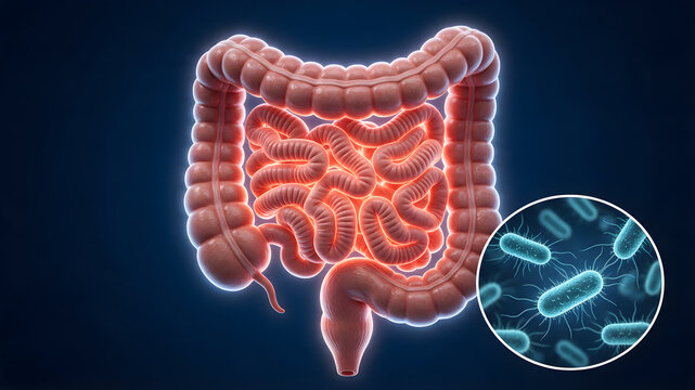 3D illustration of intestines and gut microbiome showing glowing colon and bacteria close-up inset