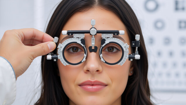 Close up of a young woman wearing a trial frame during an eye exam. Optometrist adjusting testing glasses for vision correction in a clinic