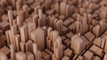 A wooden minimalist toy block city, 3d render background © Ocelia_Mg