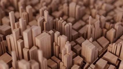 A wooden minimalist toy block city, 3d render background © Ocelia_Mg