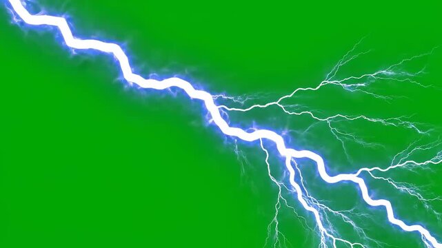 White lightning bolts descend diagonally across a vibrant green screen background storm electric energy weather bolt discharge flash