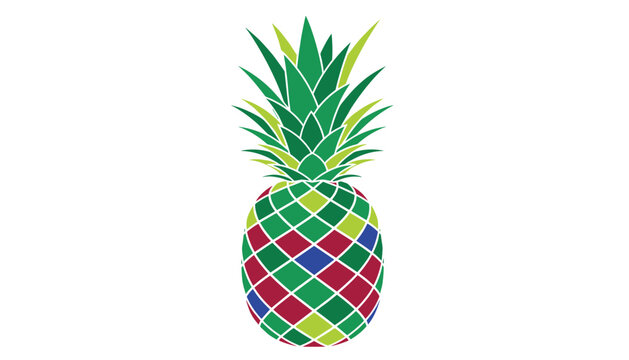 Stylized pineapple illustration with a vibrant geometric diamond pattern in shades of red, green, blue, and yellow.