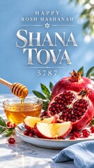 Fototapeta na wymiar Happy Rosh Hashanah Shana Tova 5787 greeting card with honey dipper, pomegranate and apple slices on marble table.