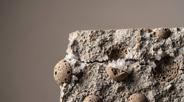 Scientific macro photograph of porous expanded clay micro capsules containing limestone producing bacterial spores embedded inside hydrated portland cement matrix for self healing concrete study