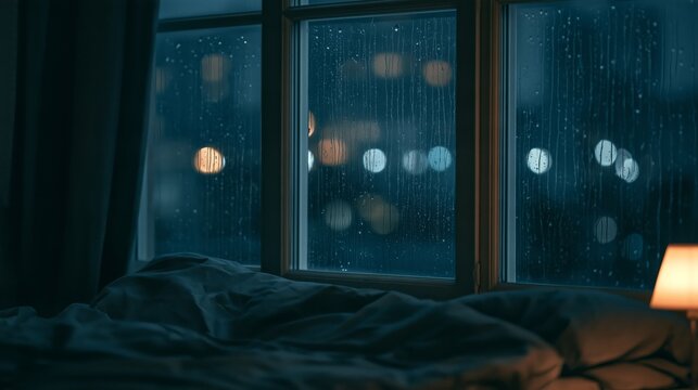 Rain falls on a window at night with blurred city lights in the background near a bed