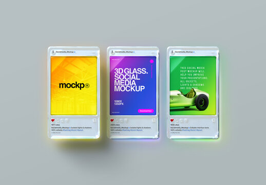 Social Media Post Mockup - 3D Glass, 1080x1350 (3 Objects)