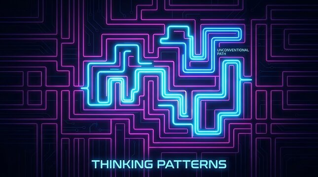 Abstract Glowing Neon Maze Pathways with Winding Blue and Purple Lines