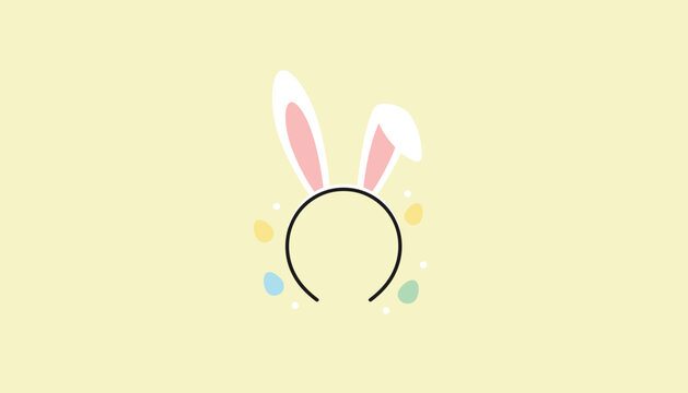 Easter themed illustration with a bunny ear headband and colorful eggs on a soft yellow background for holidays and seasonal greetings.