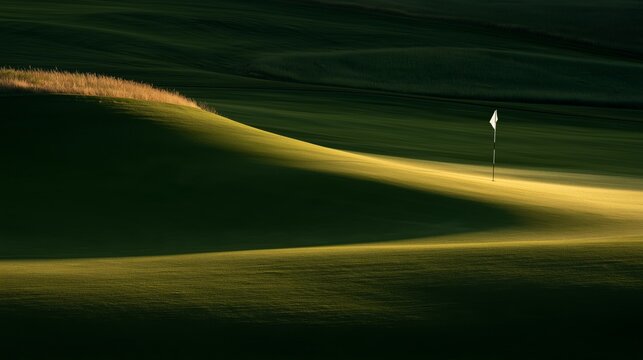 Golf course in the evening light shows flag on the green surrounded by hills