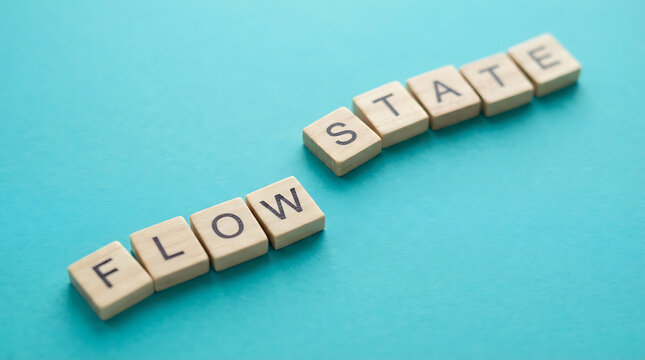 Wooden blocks spelling the words flow state arranged in two diagonal lines on a bright cyan background, representing deep concentration, productivity, and optimal performance in a work environment